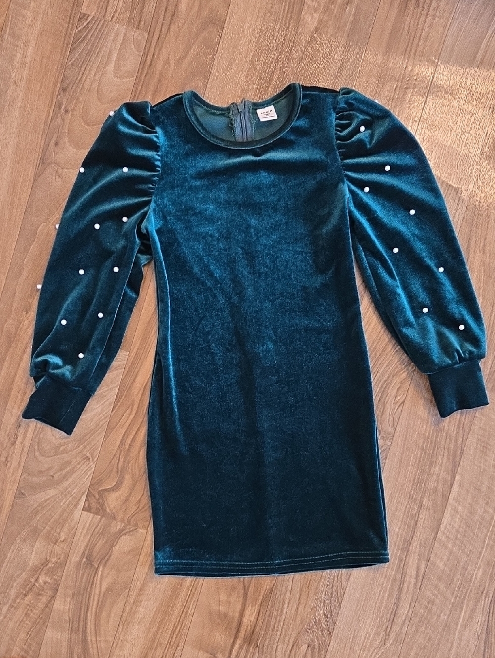 SHEIN Teal Velvet Puff Sleeve Dress with Beaded Detail